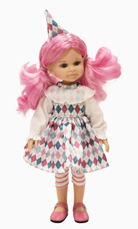 Lalka Hiszpańska 32 cm Paola Reina Amigas 04415 Cleo, klasyczna, cała z winylu, niebieskie oczy, różowe włosy, sukienka, legginsy, buciki