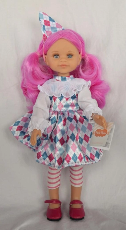 Lalka Hiszpańska 32 cm Paola Reina Amigas 04415 Cleo, klasyczna, cała z winylu, niebieskie oczy, różowe włosy, sukienka, legginsy, buciki