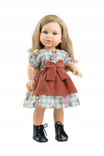 Lalka Hiszpańska 42 cm Paola Reina Soy Tu 06121 Andrey, klasyczna, cała z winylu, blond włosy, nie zamyka oczu, sukienka, majteczki, buciki