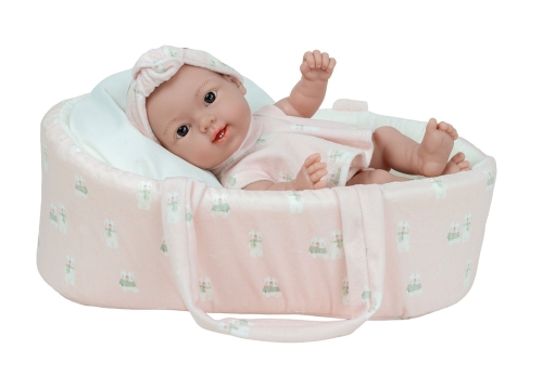 Lalka Hiszpańska 26 cm Arias 50978 bobas bez włosów, cała z winylu, w ubranku, nosidełko z poduszeczką i materacykiem