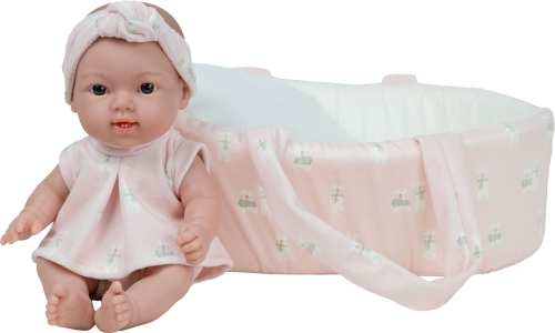Lalka Hiszpańska 26 cm Arias 50978 bobas bez włosów, cała z winylu, w ubranku, nosidełko z poduszeczką i materacykiem