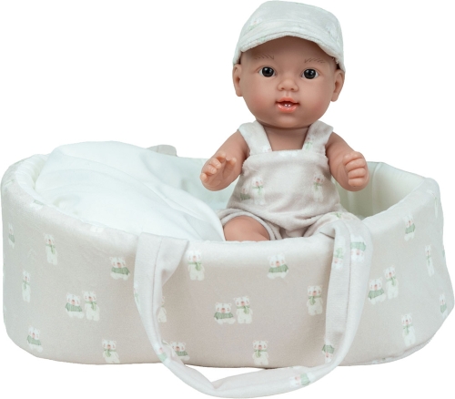 Lalka Hiszpańska 26 cm Arias 50979 bobas bez włosów, cała z winylu, w ubranku, nosidełko z poduszeczką i materacykiem