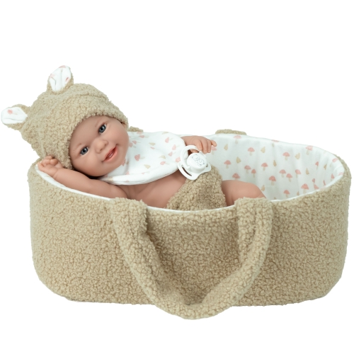 Lalka Hiszpańska 33 cm Arias 50974, bobas chłopiec, czapeczka, śliniaczek, majteczki, nosidełko z podusią