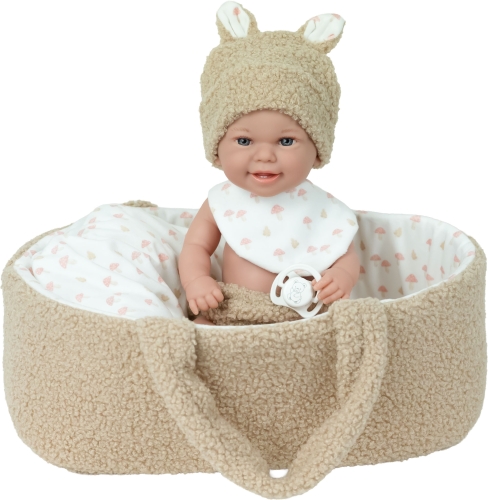 Lalka Hiszpańska 33 cm Arias 50974, bobas chłopiec, czapeczka, śliniaczek, majteczki, nosidełko z podusią