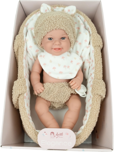 Lalka Hiszpańska 33 cm Arias 60974, bobas chłopiec, czapeczka, śliniaczek, majteczki, nosidełko z podusią