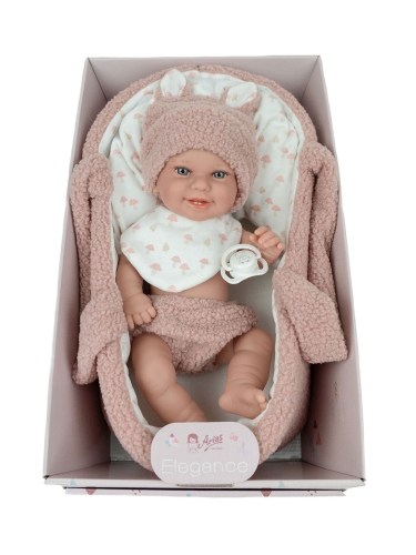 Lalka Hiszpańska 33 cm Arias 60973, bobas dziewczynka, czapeczka, śliniaczek, majteczki, nosidełko z podusią