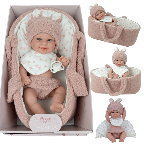 Lalka Hiszpańska 33 cm Arias 60973, bobas dziewczynka, czapeczka, śliniaczek, majteczki, nosidełko z podusią