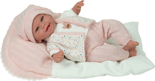 Lalka Hiszpańska 35 cm Arias 60967, bobas z miękkim brzuszkiem, zaznaczona ślinka w kąciku ust i katarek w nosku, czapeczka, bluzka, kamizelka, spodenki, kocyk