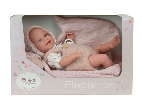 Lalka Hiszpańska 35 cm Arias 60968, bobas z miękkim brzuszkiem, zaznaczona ślinka w kąciku ust i katarek w nosku, czapeczka, bluzka, spodenki z szelkami, kocyk, smoczek