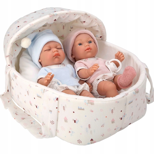 Lalki hiszpańskie 26 cm Arias 60866 bobasy bez włosów, całe z winylu, dwie laleczki bobasy bliźnięta w ubrankach niebieskim i różowym, smoczki, nosidełko