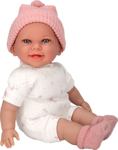 Lalka Hiszpańska 34 cm Arias 60864, bobas z miękkim brzuszkiem, śmieje się, różowa czapeczka, rampers, różowe skarpetki, smoczek