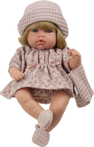 Lalka Hiszpańska 34 cm Arias 60953, bobas z miękkim brzuszkiem, blond włosy z grzywką, kapelusik, sukienka, majteczki, materiałowe buciki