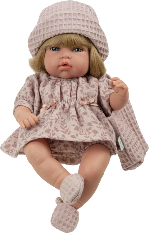 Lalka Hiszpańska 34 cm Arias 60953, bobas z miękkim brzuszkiem, blond włosy z grzywką, kapelusik, sukienka, majteczki, materiałowe buciki