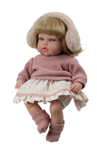 Lalka Hiszpańska 34 cm Arias 60956, bobas z miękkim brzuszkiem, blond włosy z grzywką, nauszniki, bluzeczka, spódniczka, majteczki, skarpetki