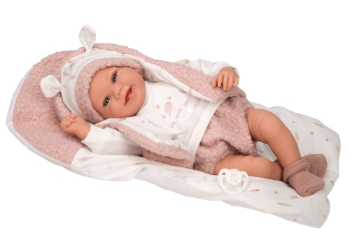 Lalka Hiszpańska 40 cm Arias 60886, bobas z materiałowym brzuszkiem, czapka, bluzka, kamizelka, spodenki, skarpetki, smoczek, kocyk