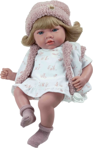 Lalka Hiszpańska 40 cm Arias 60958, bobas, materiałowy brzuszek, blond włosy z grzywką, czapka, kamizelka, sukienka, majteczki, skarpetki,smoczek