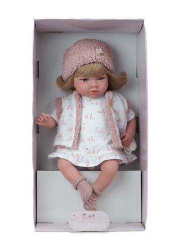 Lalka Hiszpańska 40 cm Arias 60958, bobas, materiałowy brzuszek, blond włosy z grzywką, czapka, kamizelka, sukienka, majteczki, skarpetki, smoczek