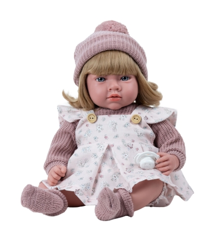Lalka Hiszpańska 40 cm Arias 60959, bobas, materiałowy brzuszek, śmieje się, blond włosy z grzywką, czapka,  sweterek, sukienka, majteczki, skarpetki, smoczek