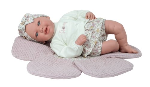 Lalka Hiszpańska 45 cm Arias 65412, bobas z miękkim brzuszkiem, opaska, bluzka, spódniczka, smoczek, kocyk w kształcie kwiatka