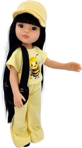 Żółty komplet dla lalki Paola Reina Amigas 32 cm, bluzka z pszczółką, szerokie spodnie, opaska z daszkiem, czarna torebka
