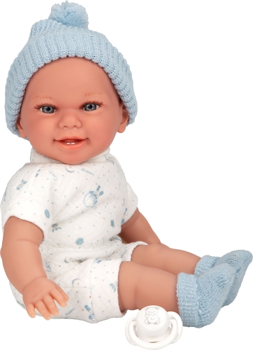 Lalka Hiszpańska 34 cm Arias 60865, bobas z miękkim brzuszkiem, śmieje się, niebieska czapeczka, rampers, niebieskie skarpetki, smoczek