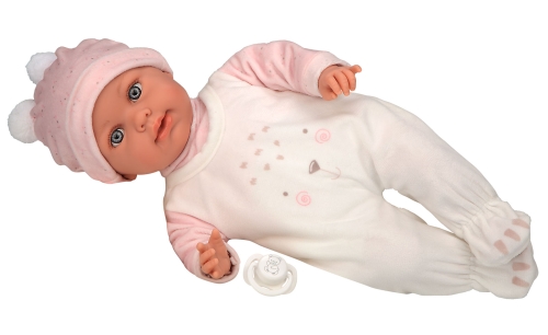 Lalka Hiszpańska 42 cm Arias 65386, płacze, różowa czapeczka,biało-różowy pajacyk