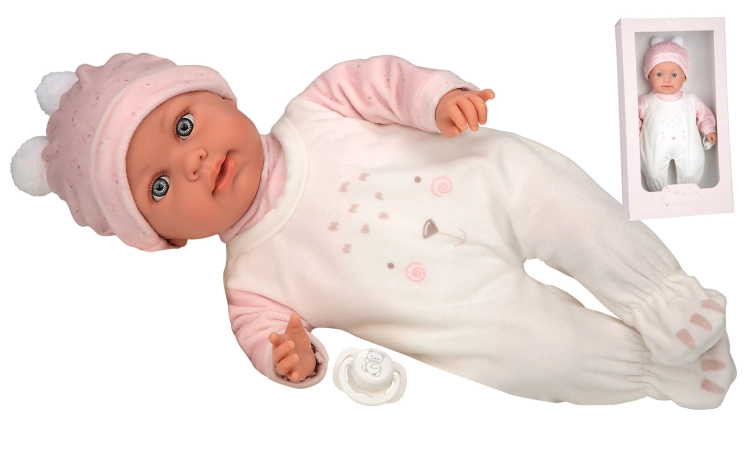 Lalka Hiszpańska 42 cm Arias 65386, płacze, różowa czapeczka,biało-różowy pajacyk