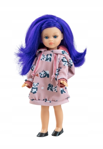 Lalka Hiszpańska 21 cm Paola Reina Mini Amigas 02139 Maria Jose, cała z winylu, niebieskie włosy, tunika z kapturem, majteczki, buciki
