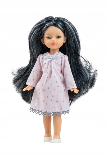 Lalka Hiszpańska 21 cm Paola Reina Mini Amigas 02141 Paula, cała z winylu, czarne włosy z jasnymi pasemkami, sukienka, majteczki, buciki