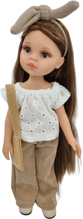 Komplet dla lalki Paola Reina Amigas 32 cm, opaska, biała ażurowa bluzeczka, beżowe szerokie sztruksowe spodnie, torebka