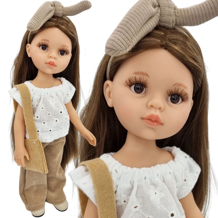 Komplet dla lalki Paola Reina Amigas 32 cm, opaska, biała ażurowa bluzeczka, beżowe szerokie sztruksowe spodnie, torebka