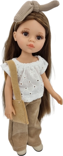 Komplet dla lalki Paola Reina Amigas 32 cm, opaska, biała ażurowa bluzeczka, beżowe szerokie sztruksowe spodnie, torebka
