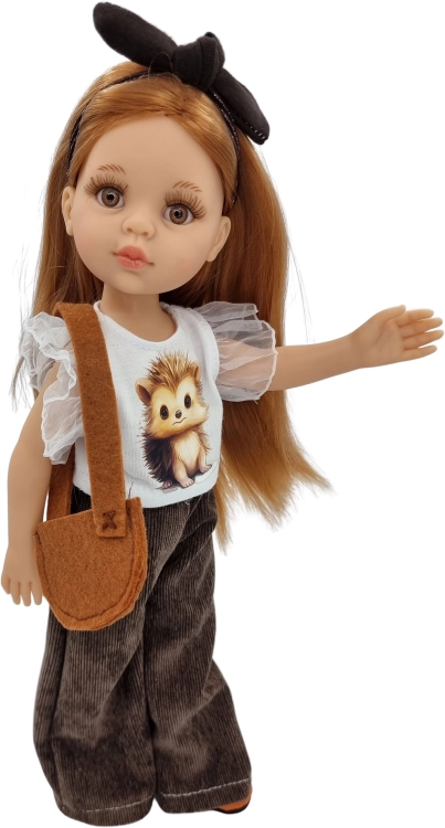Komplet dla lalki Paola Reina Amigas 32 cm, opaska, bluzeczka z aplikacją, brązowe szerokie sztruksowe spodnie, torebka