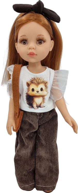 Komplet dla lalki Paola Reina Amigas 32 cm, opaska, bluzeczka z aplikacją, brązowe szerokie sztruksowe spodnie, torebka