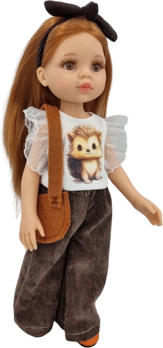 Komplet dla lalki Paola Reina Amigas 32 cm, opaska, bluzeczka z aplikacją, brązowe szerokie sztruksowe spodnie, torebka