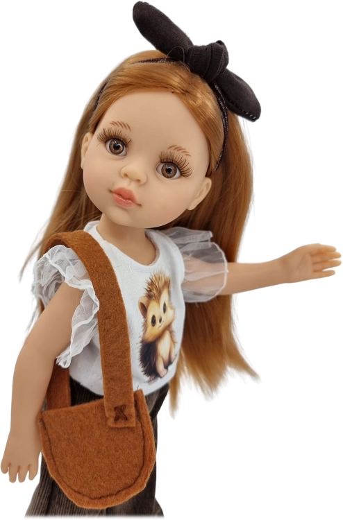 Komplet dla lalki Paola Reina Amigas 32 cm, opaska, bluzeczka z aplikacją, brązowe szerokie sztruksowe spodnie, torebka