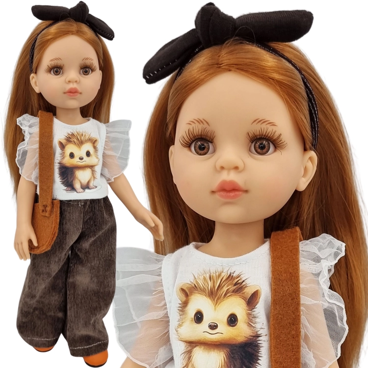 Komplet dla lalki Paola Reina Amigas 32 cm, opaska, bluzeczka z aplikacją, brązowe szerokie sztruksowe spodnie, torebka