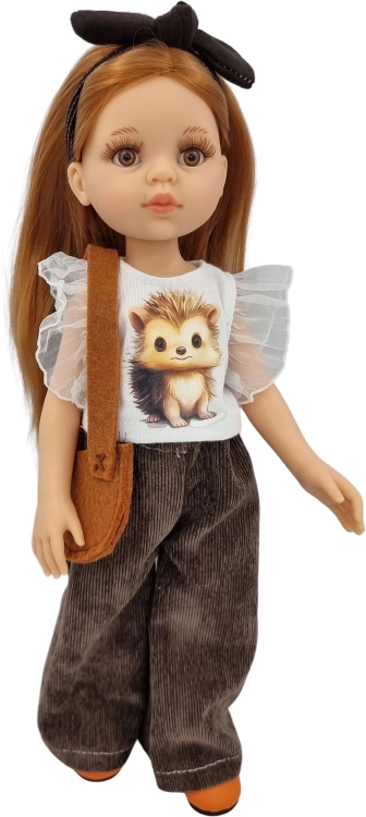 Komplet dla lalki Paola Reina Amigas 32 cm, opaska, bluzeczka z aplikacją, brązowe szerokie sztruksowe spodnie, torebka