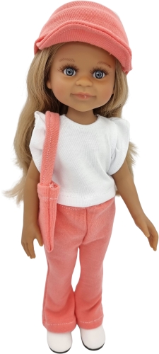 Komplet dla lalki Paola Reina Amigas 32 cm, morelowa opaska z daszkiem, biała bluzeczka, morelowe spodnie, torebka