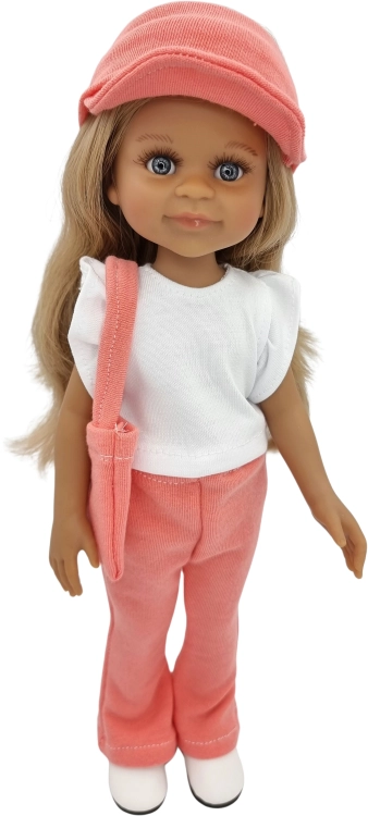Komplet dla lalki Paola Reina Amigas 32 cm, morelowa opaska z daszkiem, biała bluzeczka, morelowe spodnie, torebka