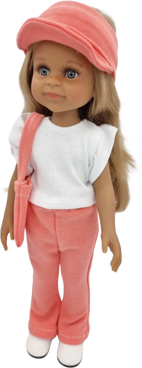 Komplet dla lalki Paola Reina Amigas 32 cm, morelowa opaska z daszkiem, biała bluzeczka, morelowe spodnie, torebka
