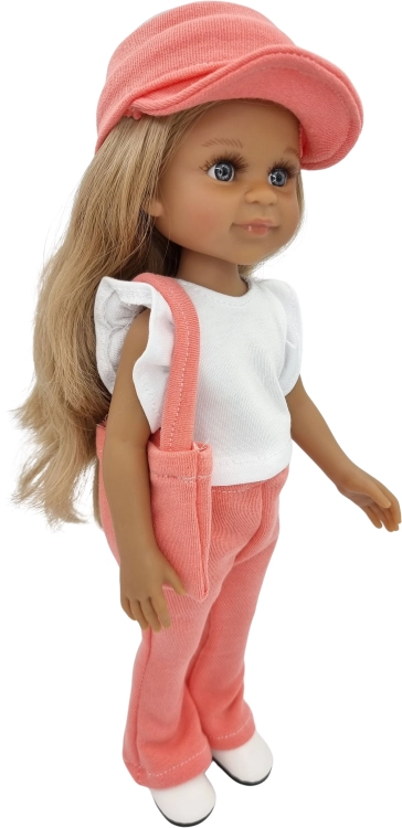 Komplet dla lalki Paola Reina Amigas 32 cm, morelowa opaska z daszkiem, biała bluzeczka, morelowe spodnie, torebka