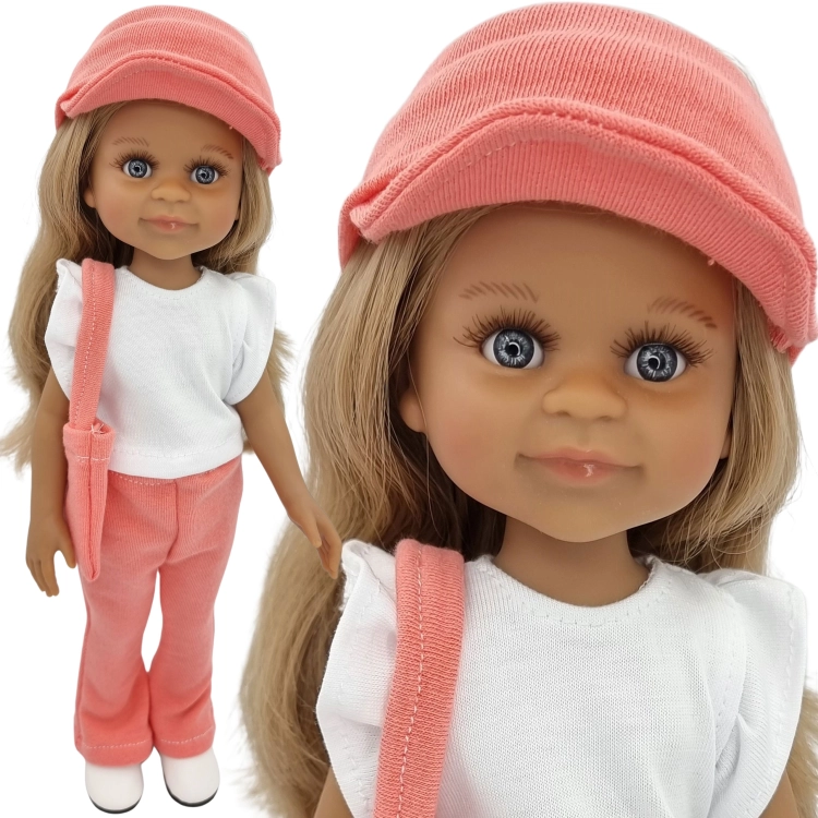Komplet dla lalki Paola Reina Amigas 32 cm, morelowa opaska z daszkiem, biała bluzeczka, morelowe spodnie, torebka