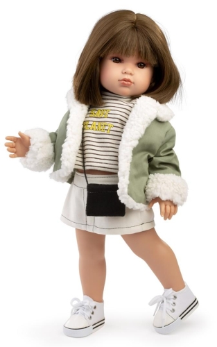 Lalka Hiszpańska 45 cm Antonio Juan 28330 Bella, lalka klasyczna, cała z winylu, gęste, długie do ramion proste brązowe włosy z grzywką, siedzi i stoi samodzielnie, w ubranku
