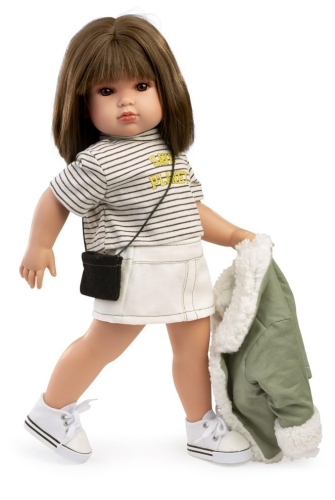 Lalka Hiszpańska 45 cm Antonio Juan 28330 Bella, lalka klasyczna, cała z winylu, gęste, długie do ramion proste brązowe włosy z grzywką, siedzi i stoi samodzielnie, w ubranku