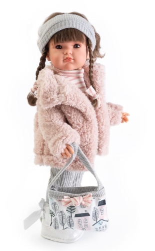 Lalka Hiszpańska 45 cm Antonio Juan 28120 Bella, lalka klasyczna, cała z winylu, gęste, długie do pasa lekko falowane brązowe włosy, siedzi i stoi samodzielnie, w ubranku