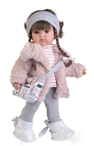 Lalka Hiszpańska 45 cm Antonio Juan 28120 Bella, lalka klasyczna, cała z winylu, gęste, długie do pasa lekko falowane brązowe włosy, siedzi i stoi samodzielnie, w ubranku