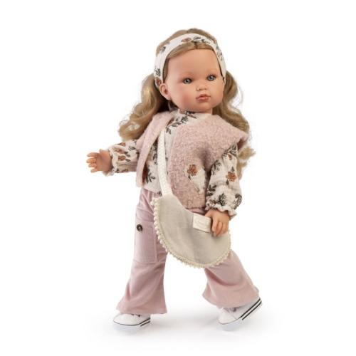 Oryginalne ubranko Antonio Juan dla lalki 45 cm Bella 28333P, muślinowa bluzeczka, różowe sztruksowe spodnie, ciepła kamizelka, opaska na głowę, torebka