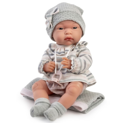 Lalka Hiszpańska 33 cm Antonio Juan 60029 Baby Toneta, bobas cały z winylu, dziewczynka, ubranko, smoczek, dwustronny kocyk