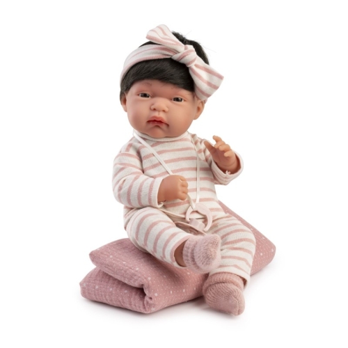 Lalka Hiszpańska 33 cm Antonio Juan 60146 Baby Toneta, bobas cały z winylu, dziewczynka, ciemne krótkie włosy, ubranko, smoczek, dwustronny kocyk